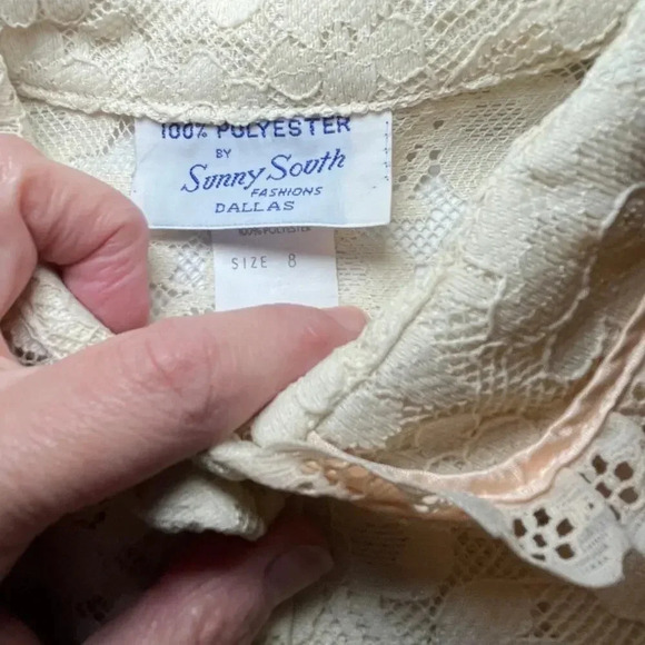 Vintage Sunny South Dallas Lace Blouse 80s Sheer Floral Ruffle Pearl Button Sz 8 - Picture 3 of 16